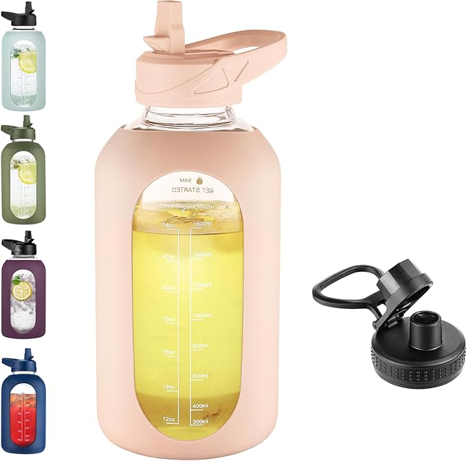 64 oz Glass Water Bottle With Straw and Handle, Half Gallon Sports Motivational Water Jug Flask with Silicone Sleeve, Large Water Cup with Time Marker for Travel, Gym, Beige