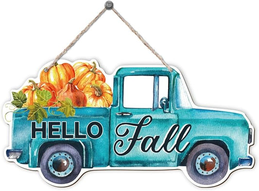 Fall Door Hanger - Pumpkin Welcome Sign, Hello Fall Wood Hanging Decors, Rustic Thanksgiving Decorative for Porch, Indoor Outdoor Autumn Door Decor(Truck), Housewarming Gift, Home Indoor Outdoor Deco