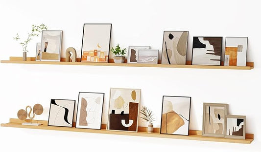 Floating Picture Ledge Shelves for Wall Set of 2, 72 Inches Picture Ledge Shelf with Long Large Nursery Book Shelf for Toys Storage Kids Bookshelf Wall Mounted Living Room Bedroom Decor Frames, Oak