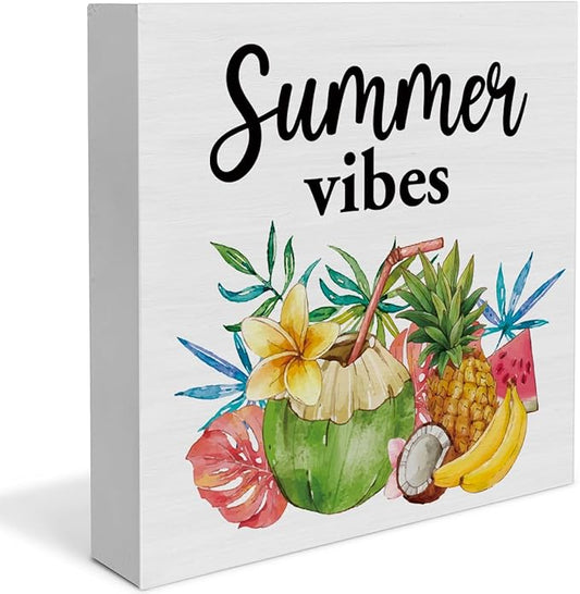 Oqtumes Summer Vibes Decorations Fruit Wooden Sign Rustic Home Decor 5 x 5 Inches