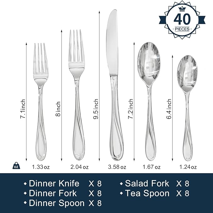 HIKAA Wave Design Silverware Set Service for 6, 30-Piece Artistic Stainless Steel Flatware Set with Fibonacci Pattern, Heavy Duty Mirror Polished Cutlery Set