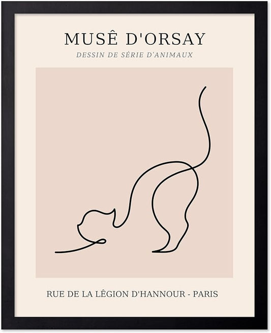 Poster Master Vintage Poster - Retro One Line Cat Drawing Print - Cat Art - Minimal Gift for Men, Women, Animal Lover - Abstract Wall Decor for Home, Office, Bedroom, 11x14 Black Framed
