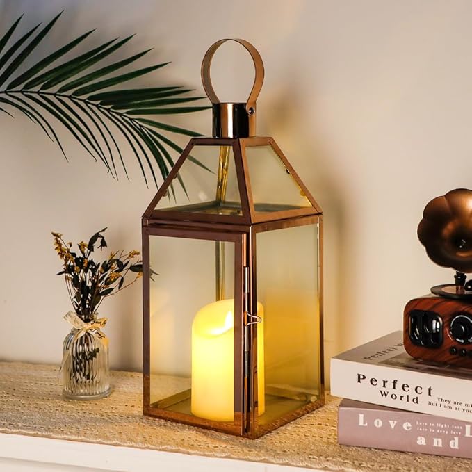 JHY Design Rose Gold Decorative Lanterns 16 inch High Stainless Steel Candle Lanterns with Tempered Glass for Indoor Outdoor Events Parities and Weddings
