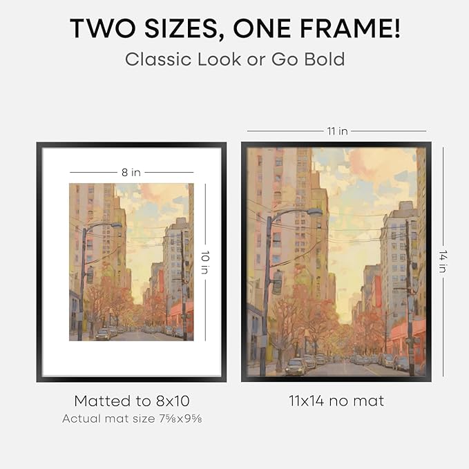 Homeforia Black 11x14 Picture Frame, High End Metal 11x14 Poster Frames with Mat 8x10, 11 x 14 Black Frame Matted to 8 x 10 inch Photo, 11 by 14 Thin Hanging Frames, Tempered Glass, Wall Kit, Set of 1