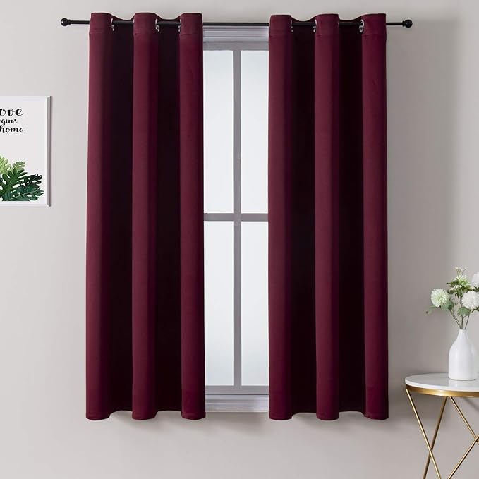 ChrisDowa Small Window Curtains 50 inches Long for Bedroom - Grommet Short Thermal Insulated Room Darkening Curtains for Kitchen (2 Panels, Burgundy, 29 x 50 Inch)