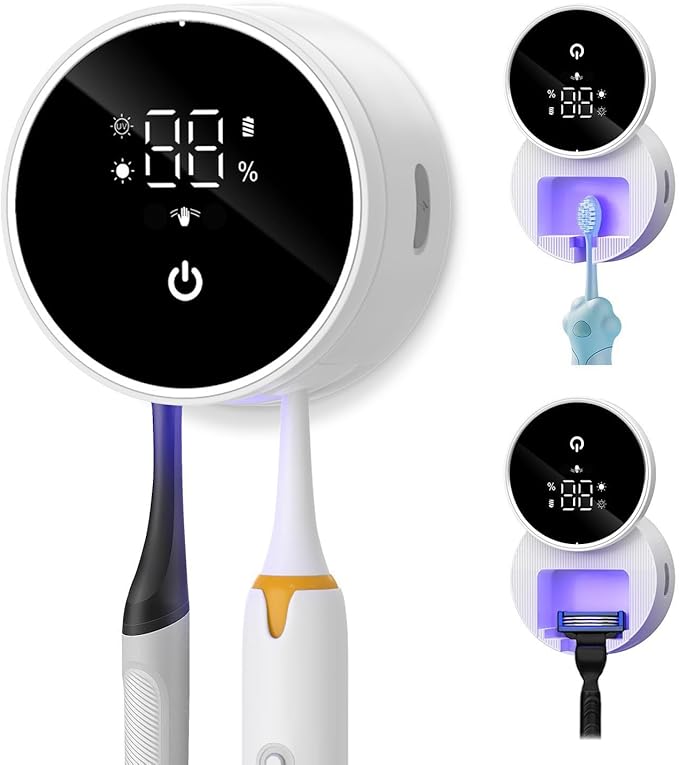 Upgraded UV Toothbrush Cleaner Holder Wall Mounted, Temracha Razor Electric Toothbrush Holder for Bathroom, LED Smart Screen, with Auto-Inductive Cover, Cleaning and 60-Degree Drying, for Home, Travel