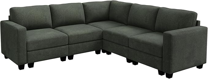 HONBAY Corduroy Modular Sectional Sofa with 5 Seaters, Sectional Corner Sofa with Chaise, L Shape Couches for Living Room, Green