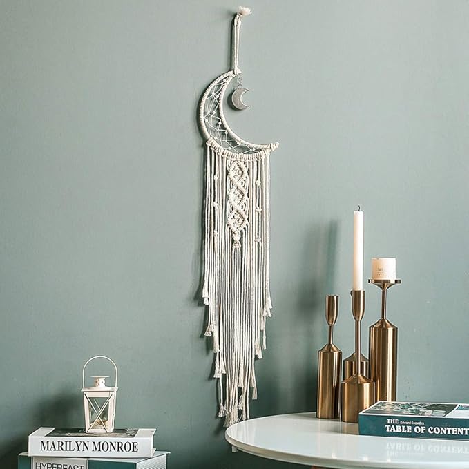 MOONFLY Dream Catcher with Handmade Moon Star Design Woven Cotton Dream Catchers Boho Macrame Wall Hanging Home Decoration Ornament Craft Gift (White Moon)