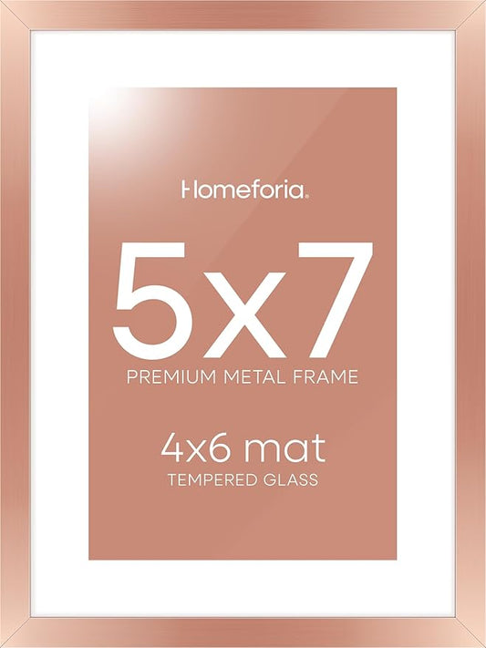 Homeforia Rose Gold 5x7 Picture Frame, High End Metal 5 x 7 Frames with Mat 4 x 6 for Print, 5by7 Desk Frame Matted to 4x6 inch Photo, 5 by 7 Wall or Tabletop Frame, Tempered Glass, Wall Kit, Set of 1