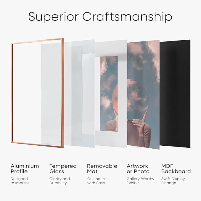 Homeforia Rose Gold Frame 8x8, High End Metal 8 x 8 Square Picture Frames with Mat 6 x 6 Art, 8x8 Photo Frame Matted to 6x6 inch Print, 8by8 Wall or Tabletop Frames, Tempered Glass, Wall Kit, Set of 1