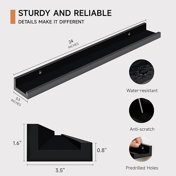 Picture Ledge Shelf for Wall, Floating Shelves Set of 4, 24 Inch Long Nursery Book Shelves for Toys Storage, Kids Bookshelf Wall Mounted for Books Photo Frames, Black