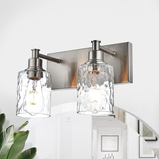 BONLICHT Modern Bathroom Light Fixtures in Brushed Nickel Finish, 2 Light Industrial Indoor Wall Sconce Farmhouse Vanity Lighting Over Mirror with Hammered Glass Contemporary Hallway Wall Mount Lamp