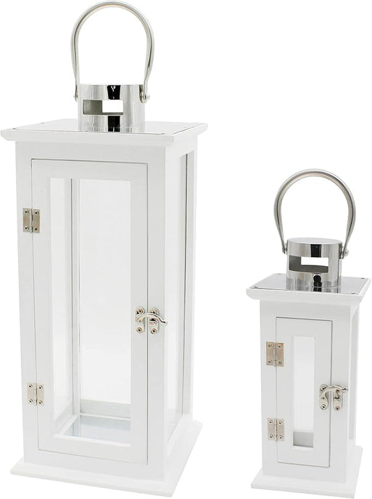 CVHOMEDECO. Decorative Elegant Wood Hurricane Candle Lantern with Stainless Top and Glass Inserts for Home Patio Outdoor Decor. White, Set of 2