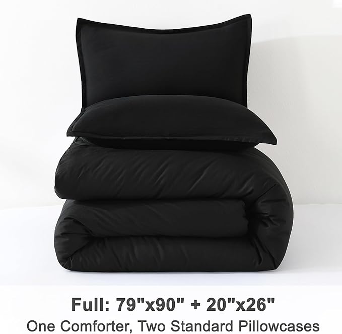 Litanika Black Comforter Full Size, 3 Pieces Boho Lightweight Solid Bedding Comforter Set, All Season Fluffy Bed Set (79x90In Comforter & 2 Pillowcases)