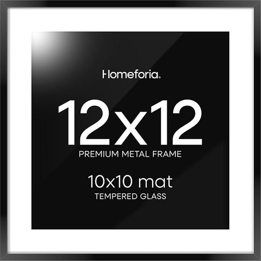 Homeforia Black 12x12 Picture Frames, High End Metal 12 x 12 Square Poster Frame with Mat 10 x 10 Photo, 12x12 Black Frame Matted to 10x10 Print, 12by12 Thin Frames, Tempered Glass, Wall Kit, Set of 1