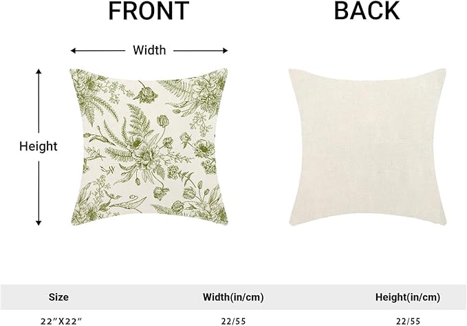 CXMEIFLY Sage Green Spring Pillow Covers 22 x 22 Inch Set of 2 for Chinoiserie Flowers Decor Throw Pillows Floral Leaves Seasonal Plant Outdoor Decorative Cushion Cases for Couch Bed Decorations