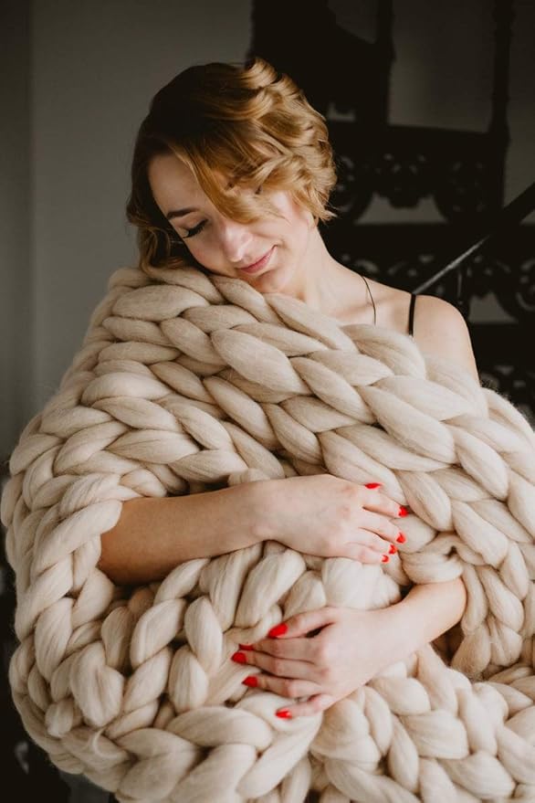 Chunky Knitted Throw Blanket, Handmade Knit Blanket Throw for Sofa, Bed, Gift - Camel 40"x40"