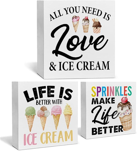 3 Pcs Summer Ice Cream Wood Box Signs Decor Farmhouse Summer Ice Cream Tiered Tray Decor Table Desk Shelf Kitchen Decoration Rustic