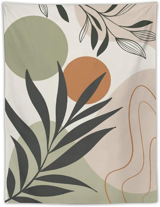 Abstract Bohemian Mid Century Tapestry, Tropical Leaves Modern Geometric Archway Minimalist Bohemian Botanical Aesthetic Wall Hanging, Sage Green Gold Home Decor Art for Bedroom 60x60 Inch
