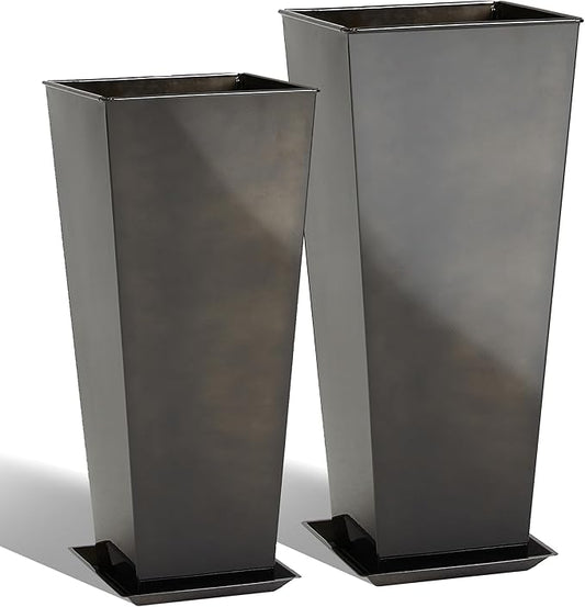 KOL 25'' & 28'' Tall Glazed Planter with Saucer, Set of 2, Galvanized Steel Planter Metal Pots for Indoor & Outdoor Use, Decorative Flower Plant Pots with Drainage Hole for Porch, Patio, Deck - Black