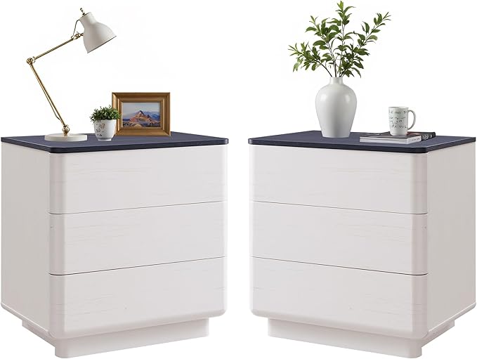 JXQTLINGMU 22" Modern Nightstand Set of 2 with Charging Station, Large Push-to-Open End Table, Wood Bedside Table, Curved Profile, Handleless 3 Drawer Night Stand for Bedroom, Living Room, Off White