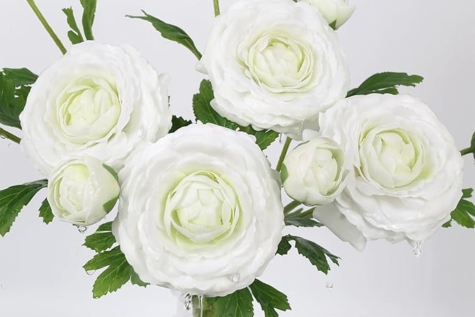 IPOPU 4PCS Real Touch White Ranunculus Artificial Flowers Faux Ranunculus Flowers for Vase Real Look Silk Peonies Fake Peony Flowers for Home Indoor Wedding Centerpieces for Table Decorations (White)