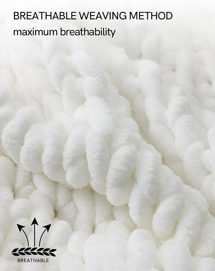 YnM Chunky Throw Blanket, Medium-Weight, Hand Knitted with Chenielle Yarn, Skin Friendly, Ventilated and Breathable, Machine Washable, Home Décor Piece for Couch, Sofa and Bed (White, 60x80 Inch)