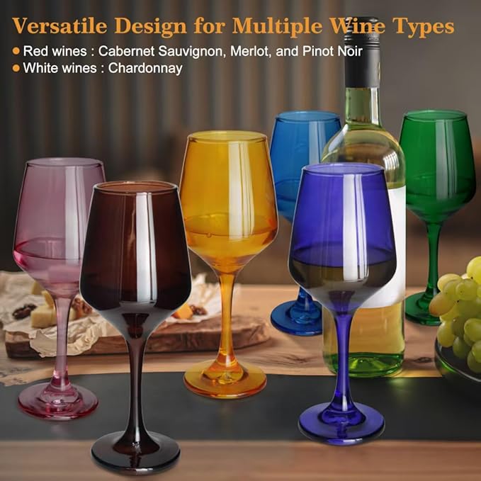 Colored Wine Glasses Set of 6-14oz Colorful Long Stem Wine Glass, Multi Color Pretty Crystal Glassware, Hand Blown Goblets Drinkware, Unique Stemware Wine Glass Holiday Gift Set