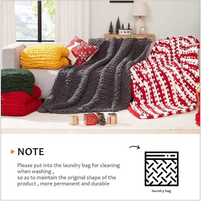 L'AGRATY Chunky Knit Blanket Throw - Soft Chunky Throw Blanket 50''x60'': 100% Hand Kintted Chenile Crochet Throw Blanket for Couch - Large Cable Knit Chunky Blanket for Home Decor(Grey)