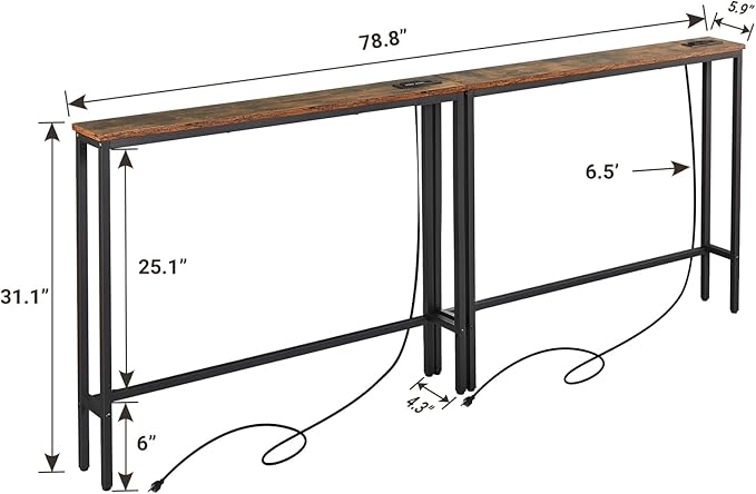 ELYKEN 5.9" Narrow Console Sofa Table with Power Outlets and USB Port, 5.9" Dx39.4 Wx31.1 H Long Behind Couch Table with Metal Frame and 6.5’ Extension Cord, Rustic Brown