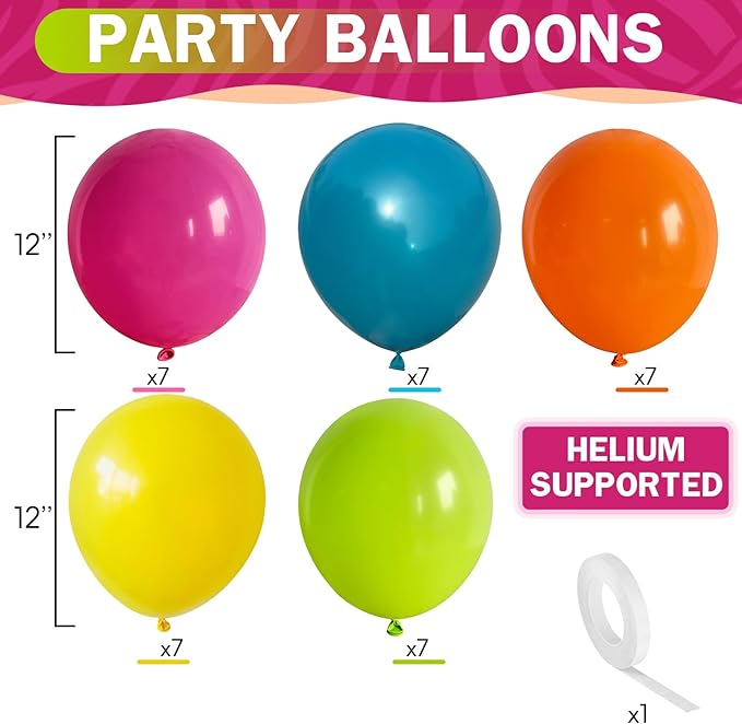 Tropical Balloons 12 Inch Summer Hawaiian Hot Pink Orange Teal Yellow Green Colorful Latex Party Balloon Multicolor for Luau Pool Aloha Beach Birthday Baby Shower Wedding Party Decoration