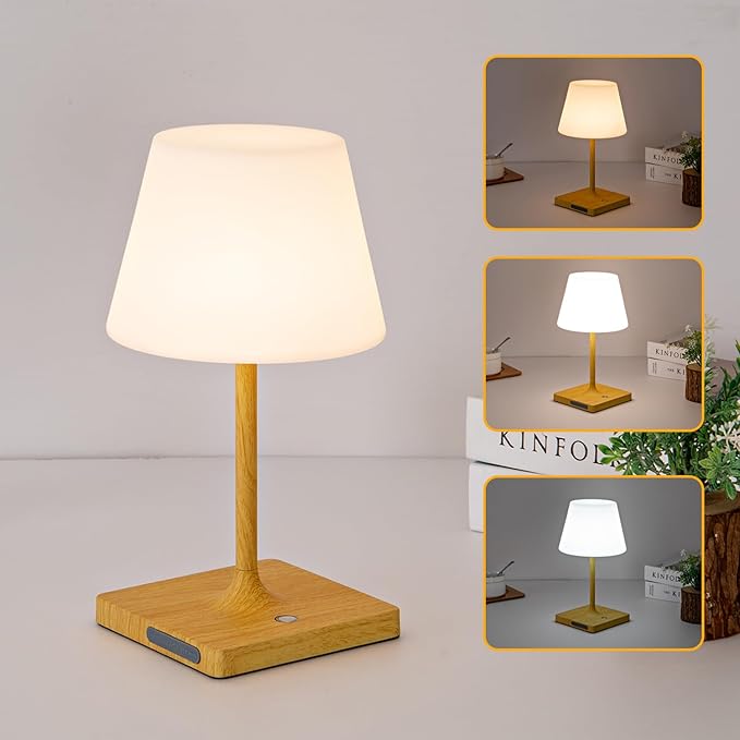 Cordless Table lamp, Outdoor Battery Operated Rechargeable Desk lamp,Waterproof Shower Lamp,4000mAh LED 3 Colors Dimmable Touch Lamps for Camping Patio Courtyard Bedroom-Wood