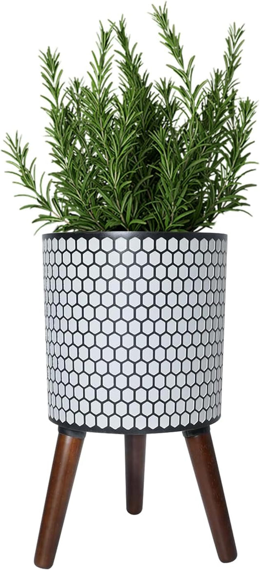 Flower Pot with Legs Tall Flower Pot with Drainage Holes for Indoor and Outdoor Decorative Planting (White Black Honeycomb, 10 Inches)