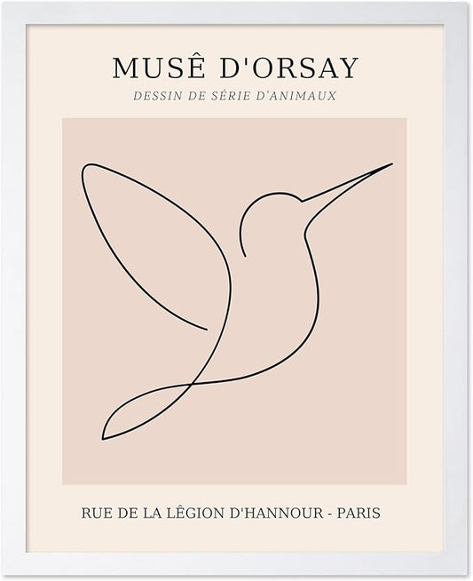 Poster Master Vintage Poster - Retro One Line Hummingbird Drawing Print - Bird Line Art - Minimal Gift for Him, Her, Animal Lover - Abstract Decor for Home, Office, 11x14 White Framed