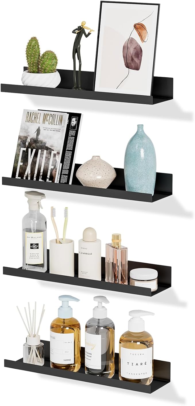 4 Pack Floating Shelves for Wall Storage, Metal Black Hanging Shelves for Living Room/Kitchen/Bedroom/Bathroom Decor, Set of 4 Organizer for Display, Perfume & Book Shelf Wall Mounted
