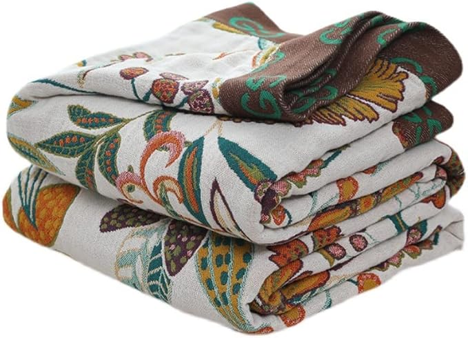 Boho Throw Blanket for Bed 60”x80”, 100% Cotton Woven Blanket for Couch Sofa, Ultra Soft 4-Layer Muslin Quilt with Floral Printed, Farmhouse Bed Blanket/Cover for Living Room Decor
