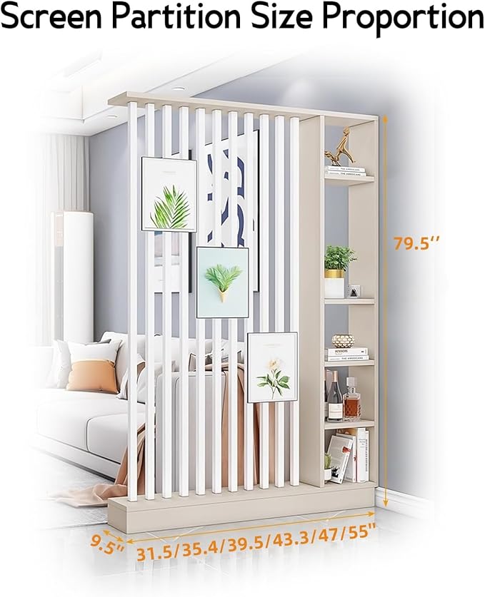 Wall Room Divider, Storage Cabinet Storage Display with Shelves, Modern Freestanding Wood Room Divider Screen, Wall Privacy Screens for Home Decorative (Beige+White,43.3" L x 9.5" W x 79.5" H)