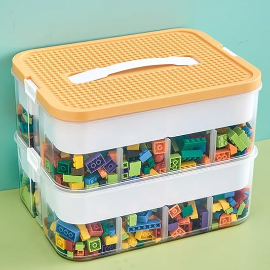 Toys Organizer Storage Case for Lego Box Kids Toy Stackable Building Blocks with Lids Bins Adjustable Lego Storage Containers Plastic Toy Box 2 Layer (Lemon)