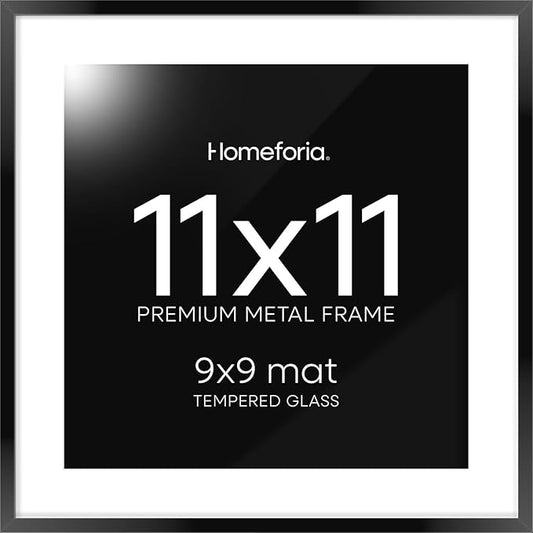 Homeforia 11x11 Picture Frame Black, High End Metal 11 by 11 Square Frames with Mat 9 x 9 Opening, 11by11 Poster Frames Matted to 9x9 inch Photo, Wall Hanging Frame, Tempered Glass, Wall Kit, Set of 1