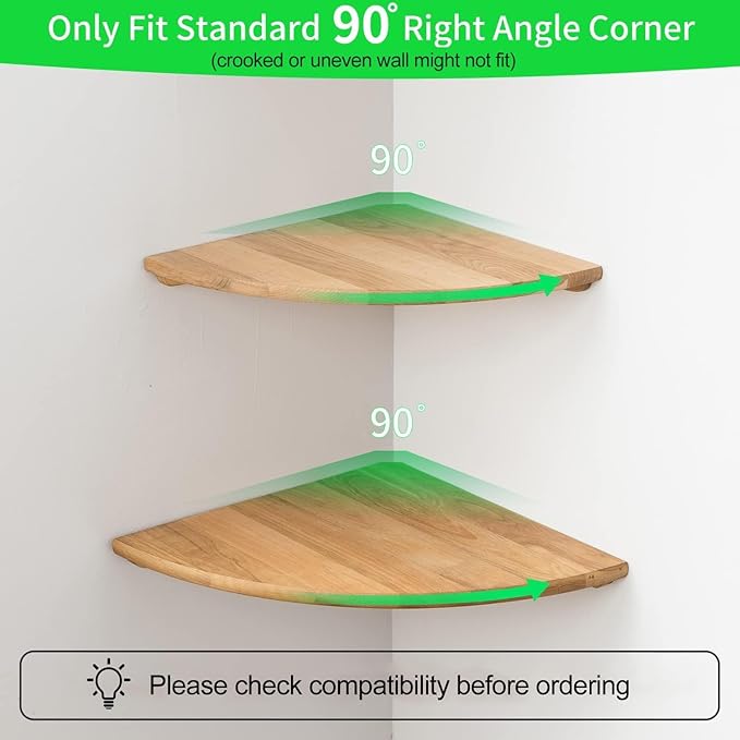 Corner Shelves, Floating Corner Shelf, Set of 2 16inch Solid Oak Wood Wall Shelves, Round End Wall Mount Display Shelf with Wire Hole for Bedroom Kitchen, Living Room