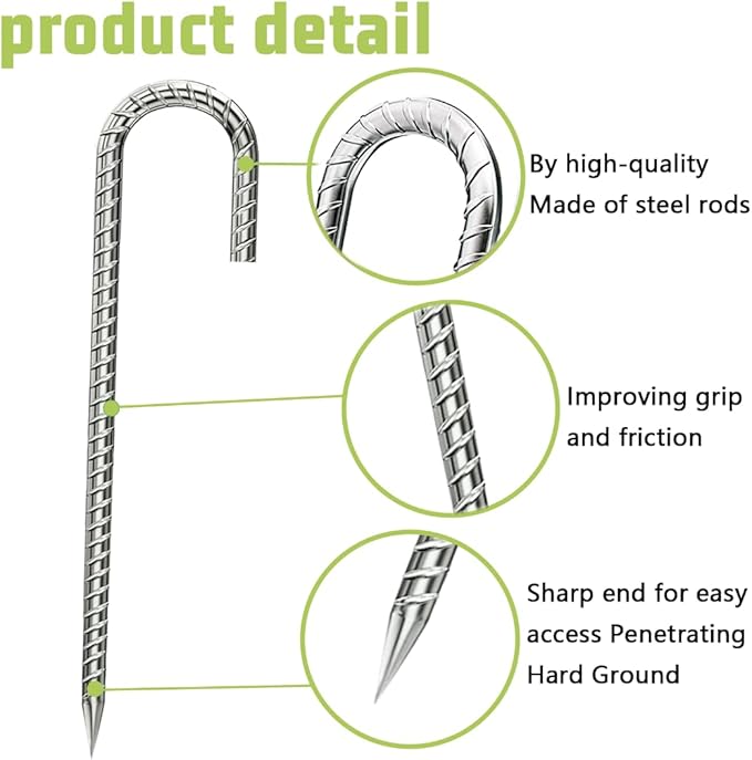 J-Hook-Rebar-Stakes-12 Inch, Ground Stakes Heavy Duty Rebar Stakes for Camping 8pcs Rebar Stakes Rust Proof Coated Metal for Flower Gardens Dog Fence Camping Tents Chicken Coop