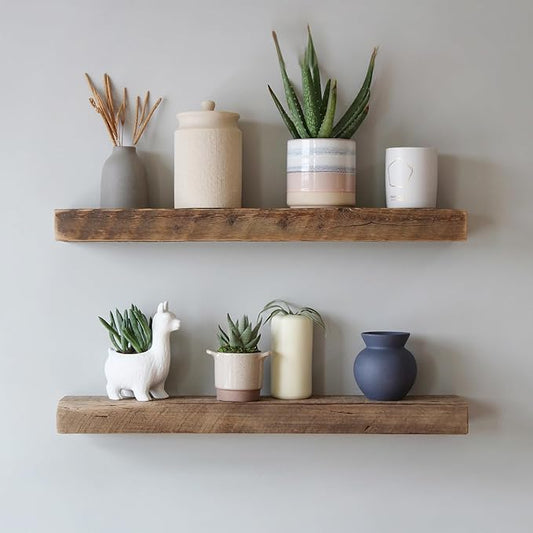 Urban Legacy Reclaimed Barnwood Planks | Floating Shelves for Wall w/Flush Mount Shelf Bracket Set Included | Set of 2 (Natural, 30"x7"x 2")