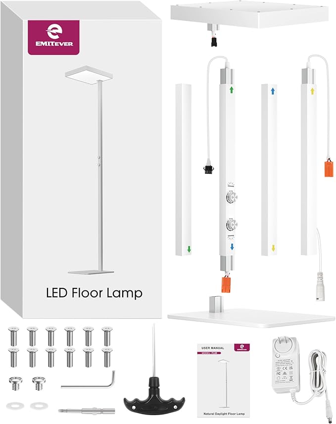 EMITEVER LED Floor Lamp, 60W Full-Spectrum Eye-Care Standing Light, 72.8” Dimmable Reading Lamp for Study Rooms, Living Rooms, Dental Offices and Conference Lighting, 4000K Natural Daylight, White