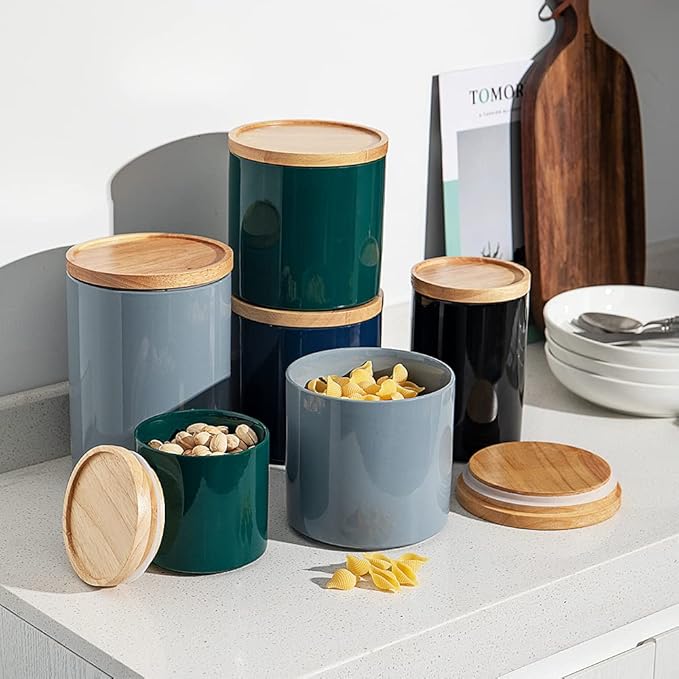 Sweejar Kitchen Canisters Ceramic Food Storage Jar, Stackable Containers with Airtight Seal Wooden Lid for Serving Coffee Bean, Flour, Tea, Spice and More - 39 Fl Oz (Black)