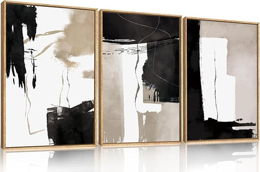Black White Brown Framed Canvas Wall Art Set, Neutral Geometric Wall Decor, Modern Abstract Wall Painting, Minimalist Artworks for Living Room, Bedroom, Dining Room, Office - 16"x24"x3