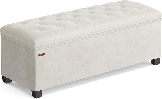 SONGMICS Velvet Storage Ottoman Bench, Foot Rest with Legs, 15.7 x 43 x 15.7 Inches, End of Bed Bench, Storage Chest, Load up to 660 lb, for Living Room, Bedroom, Entryway, Cream White ULSF089W01