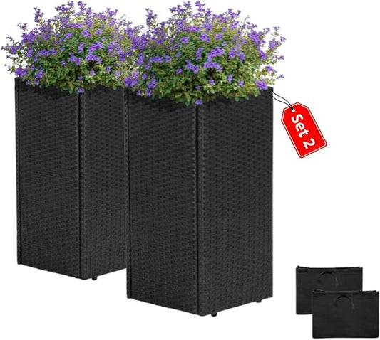 IDZO All-Weather Wicker Planters, Set of 2, 24 in Tall Wicker Planters, Self-Watering with Drainage, Durable PP Material, Raised Garden Bed Alternative, Indoor Outdoor Use, Modern Rattan Design