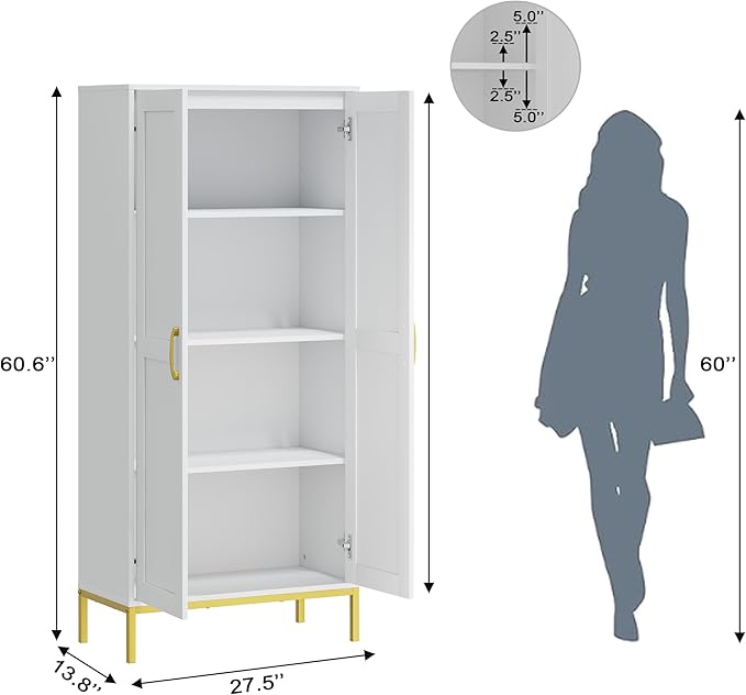 Tall Storage Cabinet, Kitchen Pantry Cabinet with 2 Doors & Adjustable Shelves for Laundry Room, Living Room, Entryway,Bathroom,White