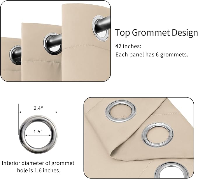 Easy-Going Blackout Curtains for Bedroom, Solid Thermal Insulated Grommet and Noise Reduction Window Drapes, Room Darkening Curtains for Living Room, 2 Panels (42x36 in, Beige)