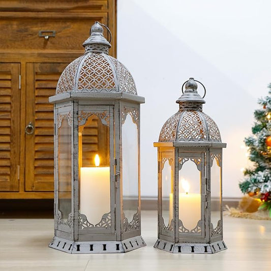 JHY DESIGN Set of 2 Decorative Candle Lanterns 22"&17" H Vintage Metal Candle Holder for Garden Indoor Outdoor Parties Weddings Patio Home Decor(Grey with Black Brush)